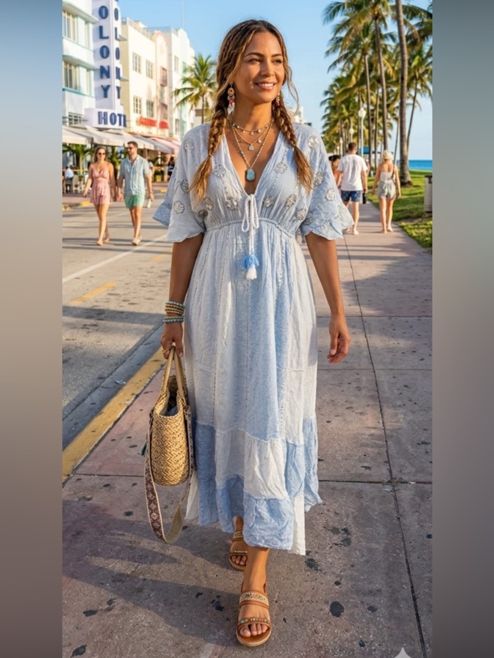 ShopEvelynne Light Blue Embroidered Maxi Dress with Tassel Tie